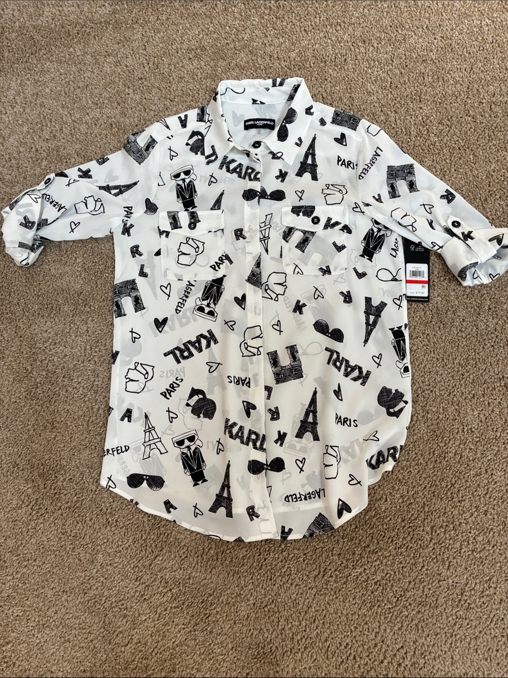 NWT Karl Lagerfeld White Button-Down Shirt with Black Parisian Graphics